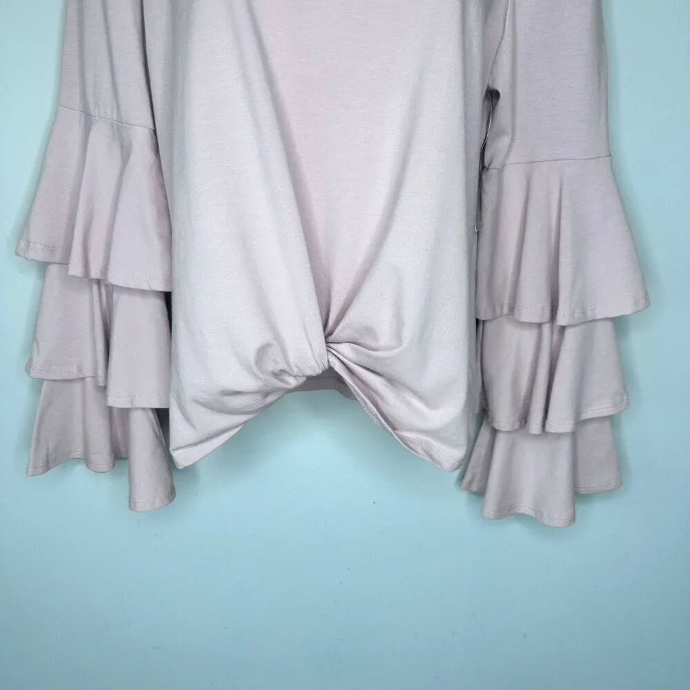 NWT  Belle + Sky Pink Front Twist Top With Tiered Ruffled Bell Sleeves-Size M - Picture 2 of 8